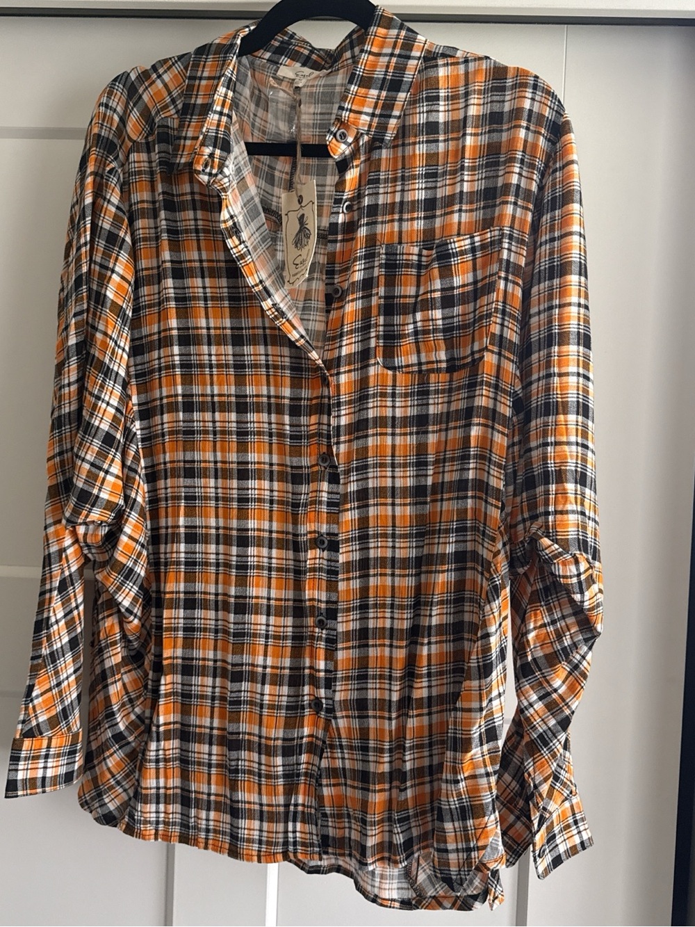 NWT Easel Orange & Black Plaid Button-Up Shirt
